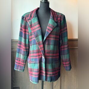 Willowridge vintage red green blue wool blend single button plaid blazer size 16
